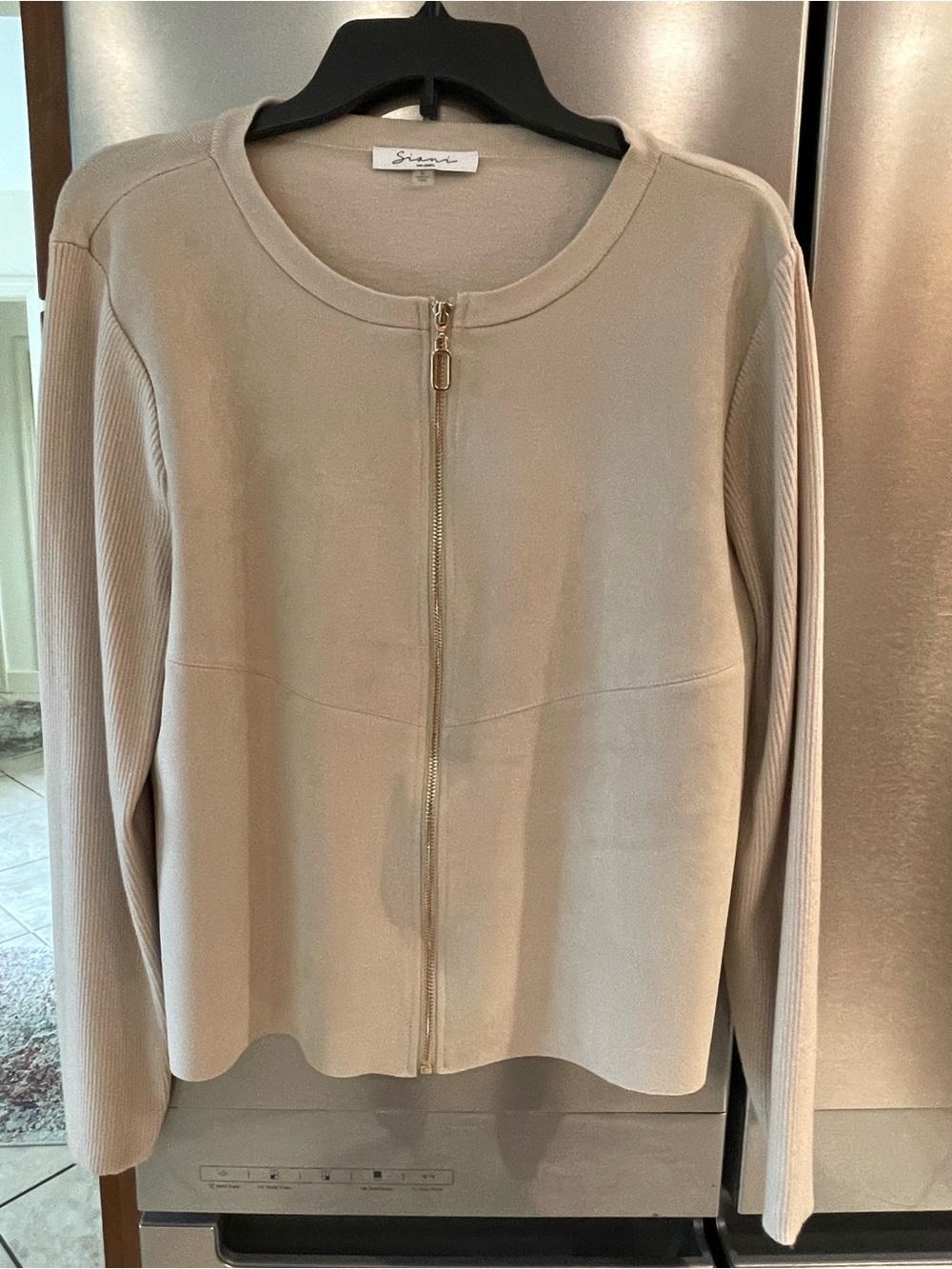 Sioni Light Beige Zip-Front Knit and faux suede Cardigan